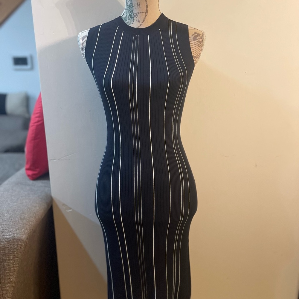 Theory Black Maxi Dress with White Pinstripes